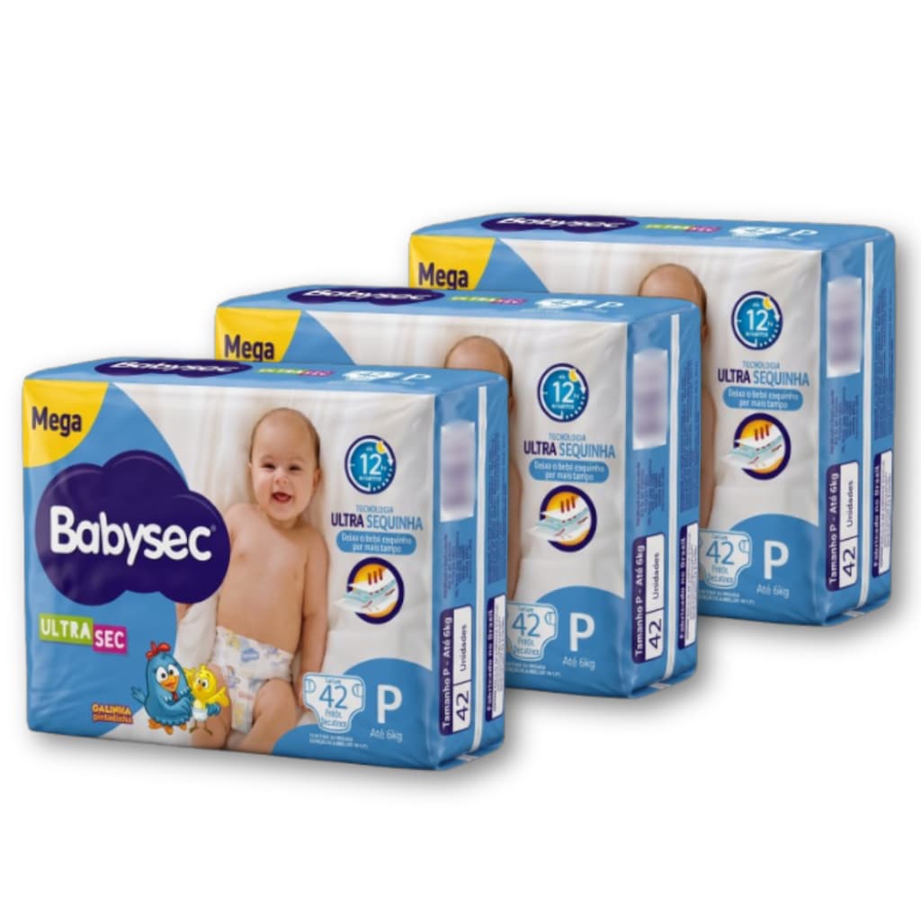 Kit 3 Fralda Descartável Babysec Mega UltraSec Tam P Galinha Pintadinha - Total 126 Unidades