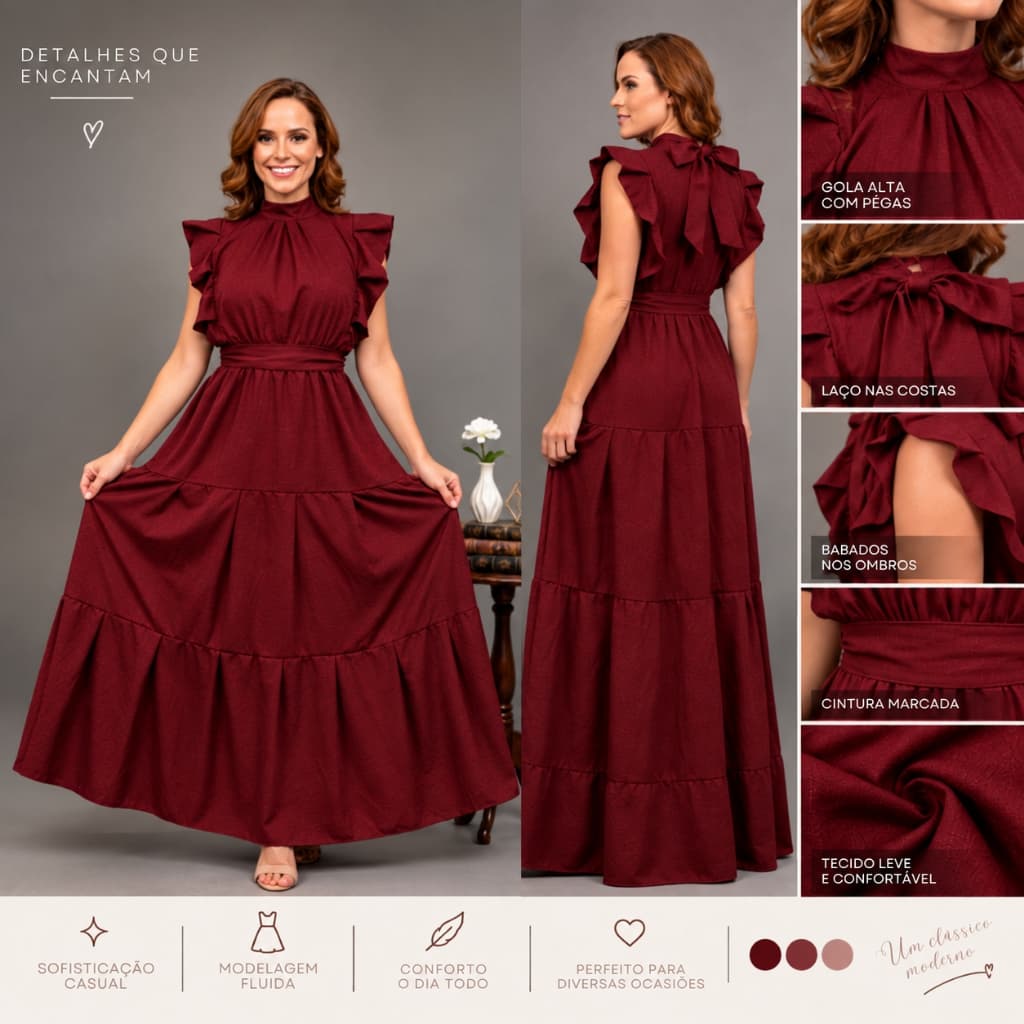 Vestido Feminino Longo Elegante Evangelico Saia três Marias com Babado Tecido Crepinho Premium Basico Casual