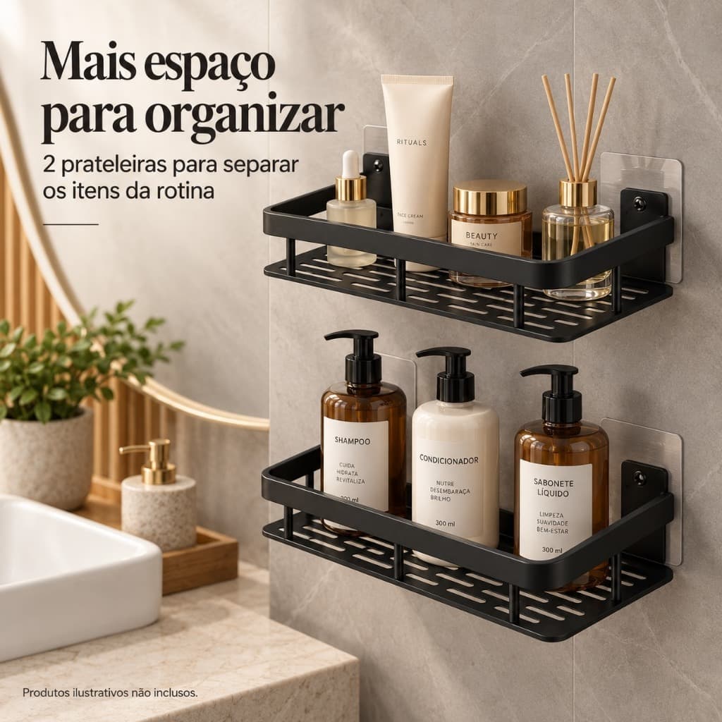 Kit2 Suporte De Shampoo Organizador Alta qualidade Prateleiras De Banheiro Sem Furo Premium-Space Aluminium
