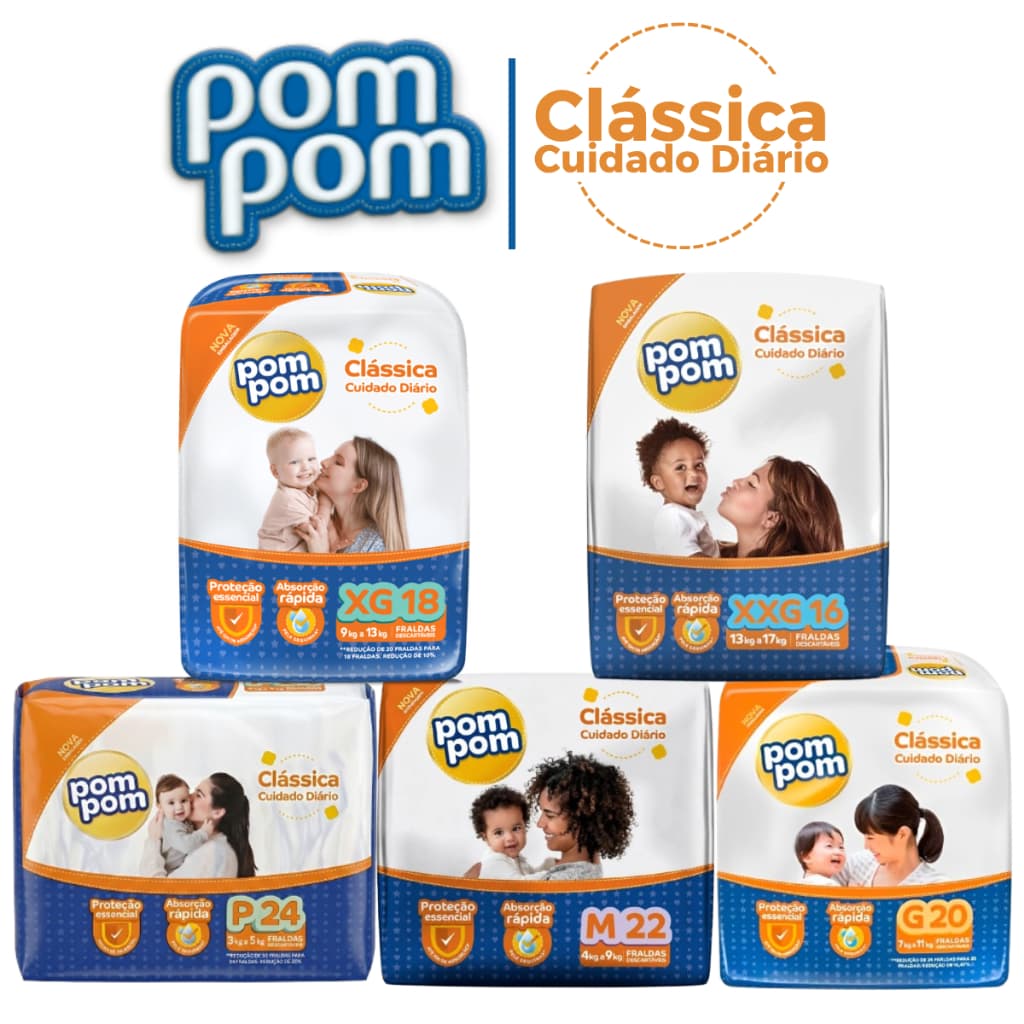 Fralda Descartável Infantil Pom Pom Clássica Jumbo Tamanho P M G XG XXG - Variação