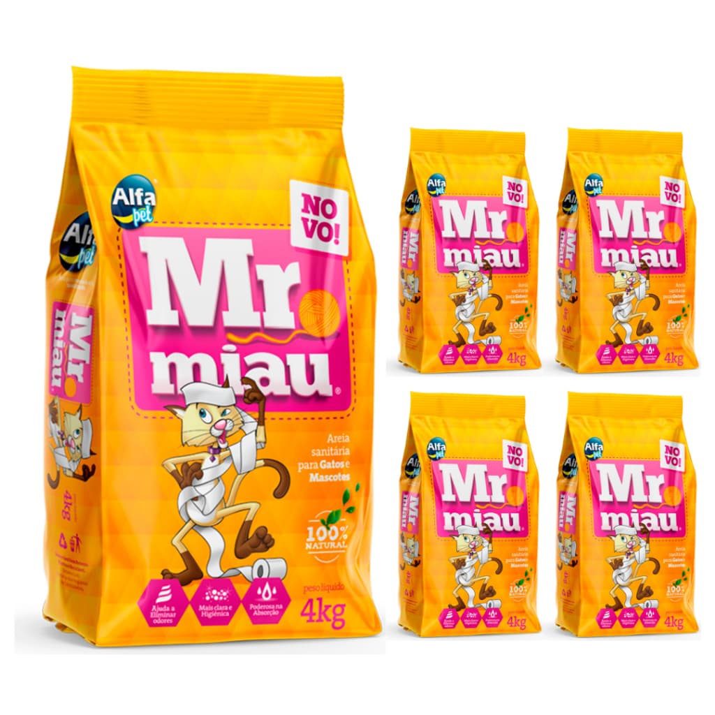 Kit 5 Areias Sanitárias Mr Miau 4kg Para Gatos 20kg Natural Alta Absorção