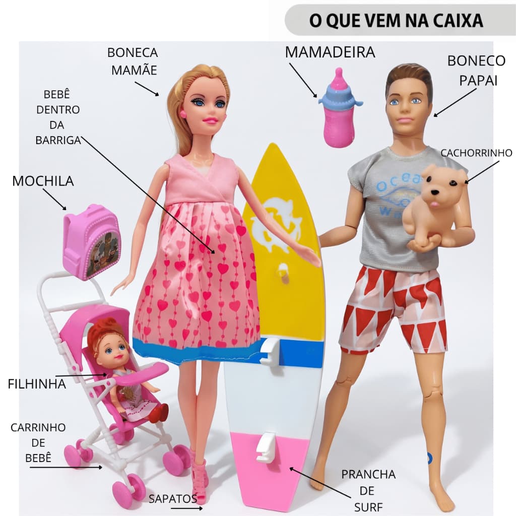 Kit Boneca Grávida Bebê Barriga Boneco Surfista Articulado Carrinho Pet Mochila Brinquedo e Acessórios