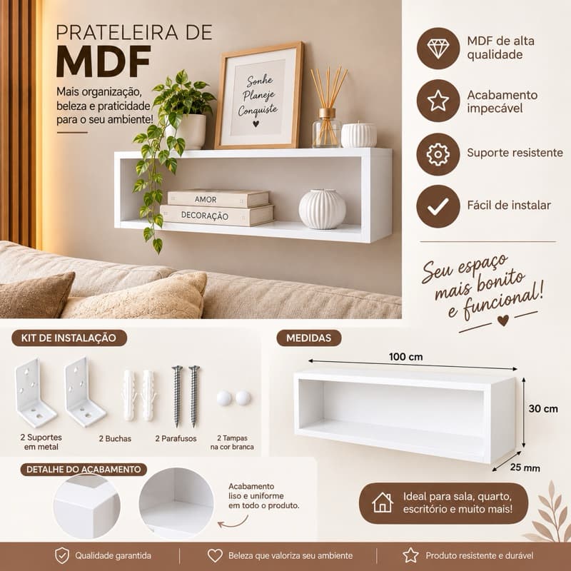 Prateleira Nicho de MDF Branco 100x30cm 25mm – Suporte Reforçado para Parede – Sala, Quarto e Escritório