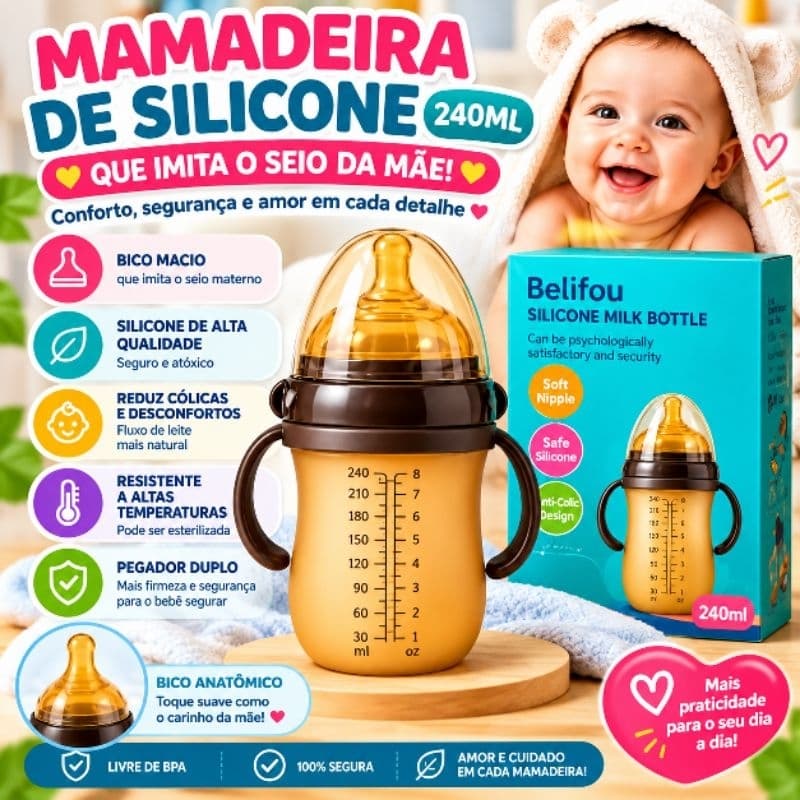 🍼💖 Mamadeira 240ml para Bebê | Silicone Macio + Bico Imita o Peito + Anticólica 👶✨