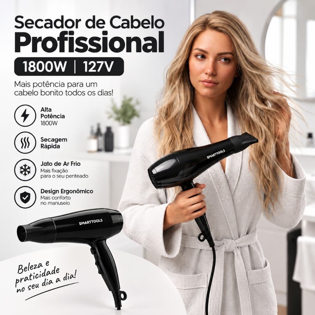 Secador de Cabelo Profissional 1800W 127V - Preta cabelos secos brilhosos macios pratico versatil duravel