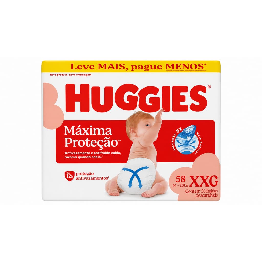 Fralda Huggies XXG 58 Unid Máxima Proteção 12h Antivazamento Conforto