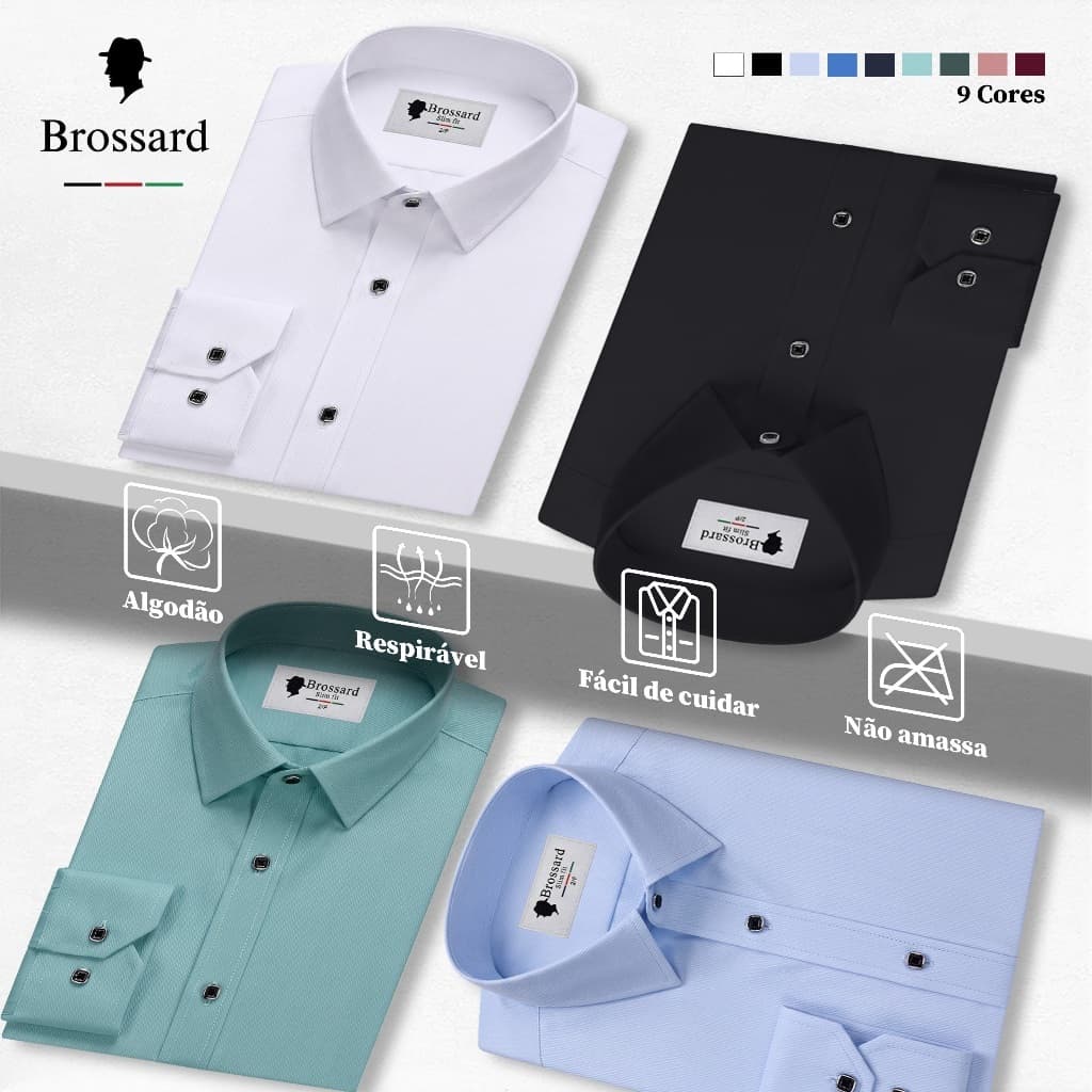 Camisa Social Masculina Slim Fit Luxo Blusa Algodão, Não Amassa e Respirável Para o Clima do Brasil