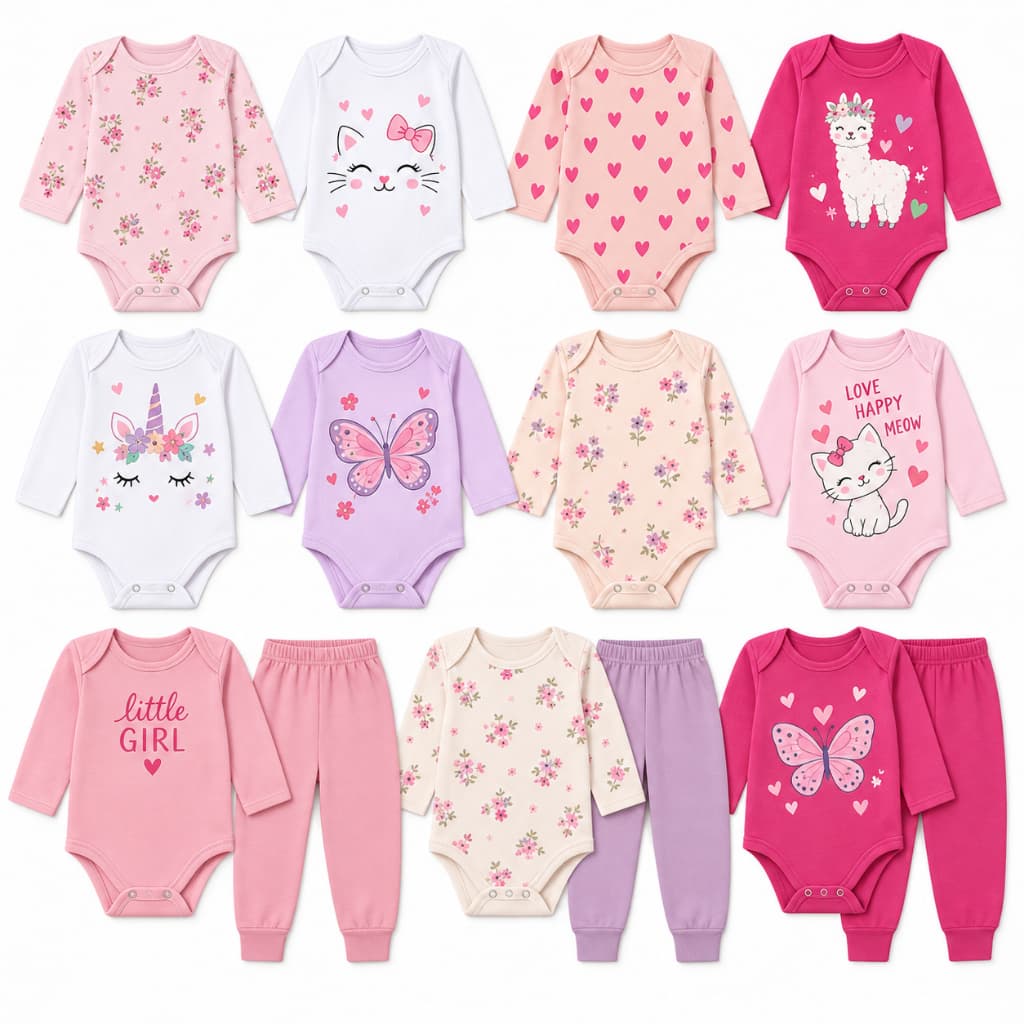 Kit 6 Peças Bebê Menina 3 Bodys Manga Longa + 3 Calças de Algodão