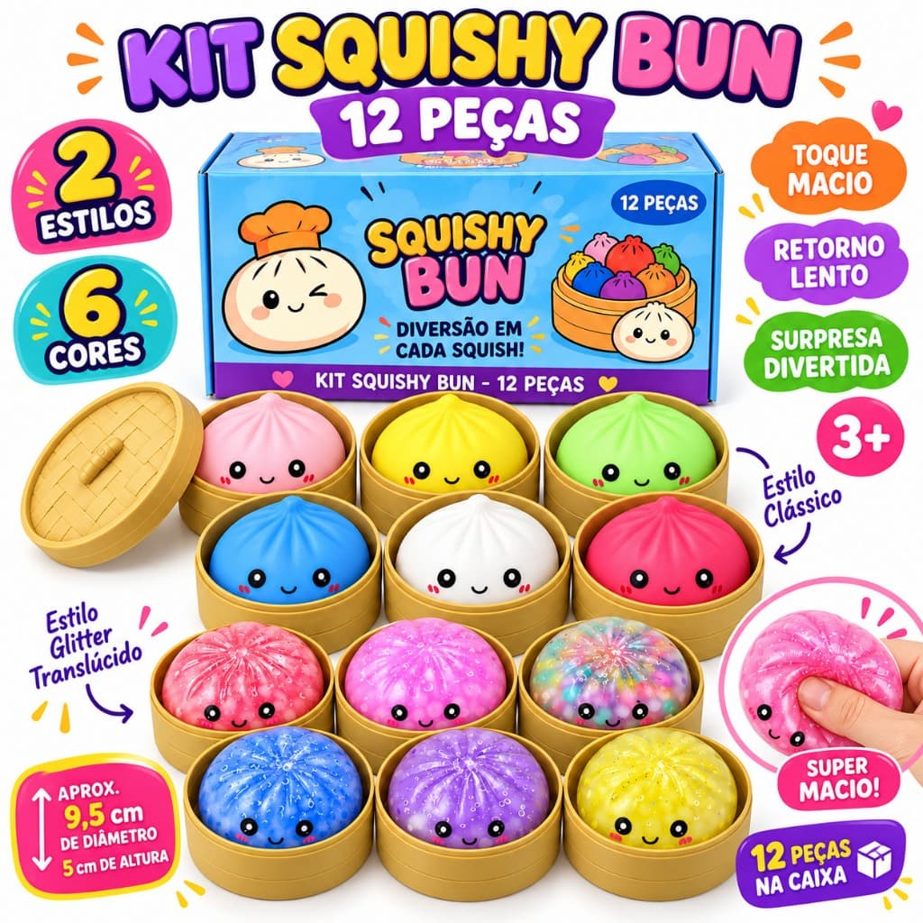 Squishy Bun Sensorial 2 Estilos 6 Cores Brinquedo Macio Anti Estresse Retorno Lento 3+
