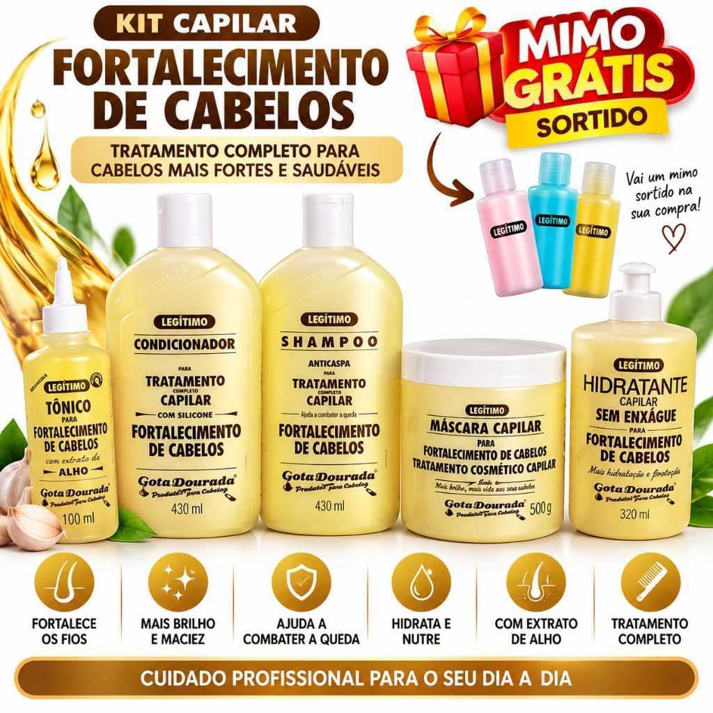 Kit Gota Dourada Fortalecimento 5 Itens Shampoo Condicionador Máscara Tônico Hidratante