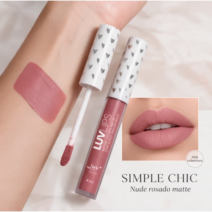 Batom Líquido Matte Simple Chic Luv Beauty 4ml | Nude Rosado, Alta Cobertura, Longa Duração