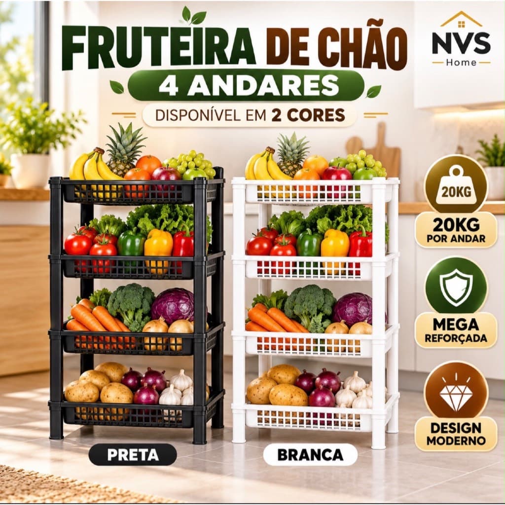 Fruteira Organizadora de Chão 4 Andares Em Plástico Multiuso Design Moderno Resistente