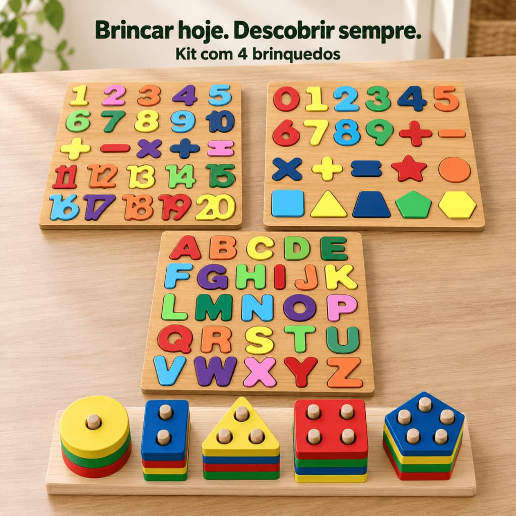 Kit 4 Brinquedos Educativos pedagógicos Montessori Infantil Alfabeto Números Formas Geométricas e Encaixe