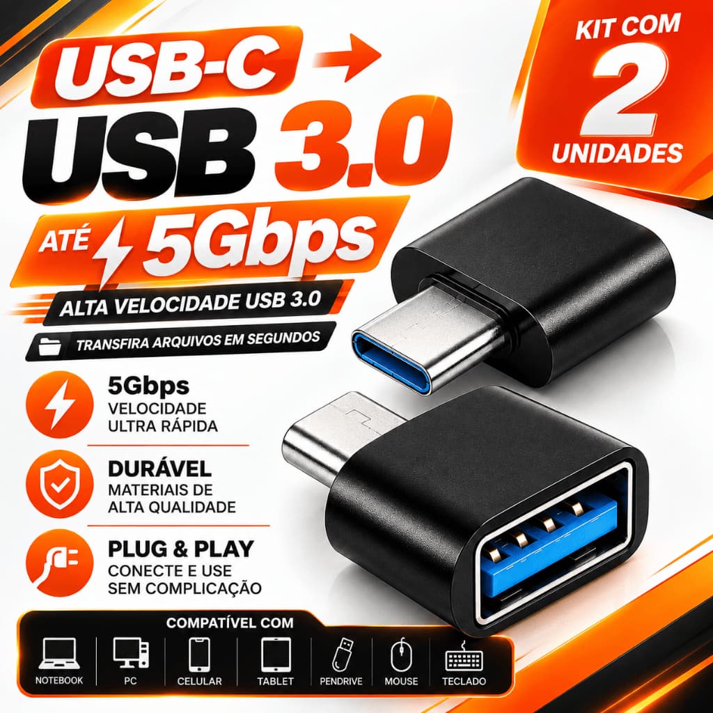 Kit 2 Adaptador USB-C para USB 3.0 OTG 5Gbps Pendrive Mouse Teclado HD Notebook MacBook Android iPhone 15