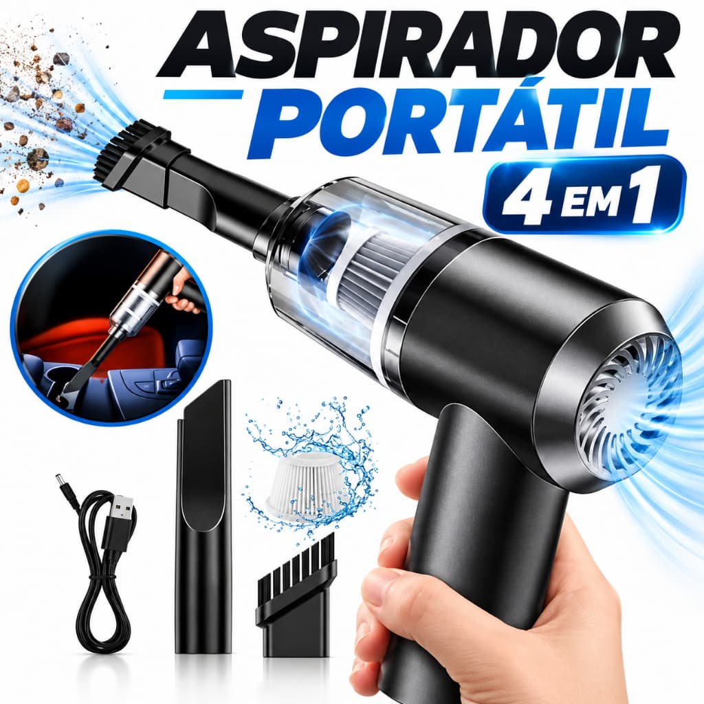 Aspirador de Pó Portátil Sem Fio Recarregável 4 em 1 Potente, Aspirador de Mão para Carro, Casa, Sofá, Teclado e Móveis