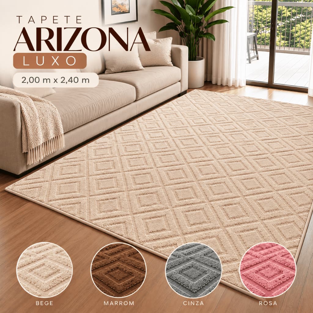 Tapete Arizona Luxo 2mx2,4m Alto Relevo Geométrico Premium Antiderrapante Quarto Sala Escritório Lavável