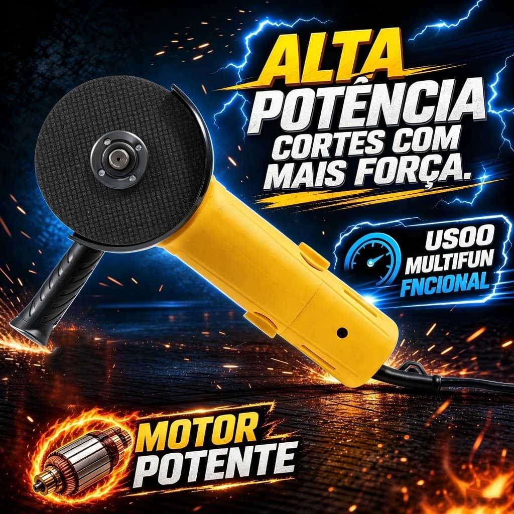Esmerilhadeira Angular Elétrica Profissional, Com Fio, 110V/220V, Interruptor Deslizador Traseiro, Operação com uma Mão