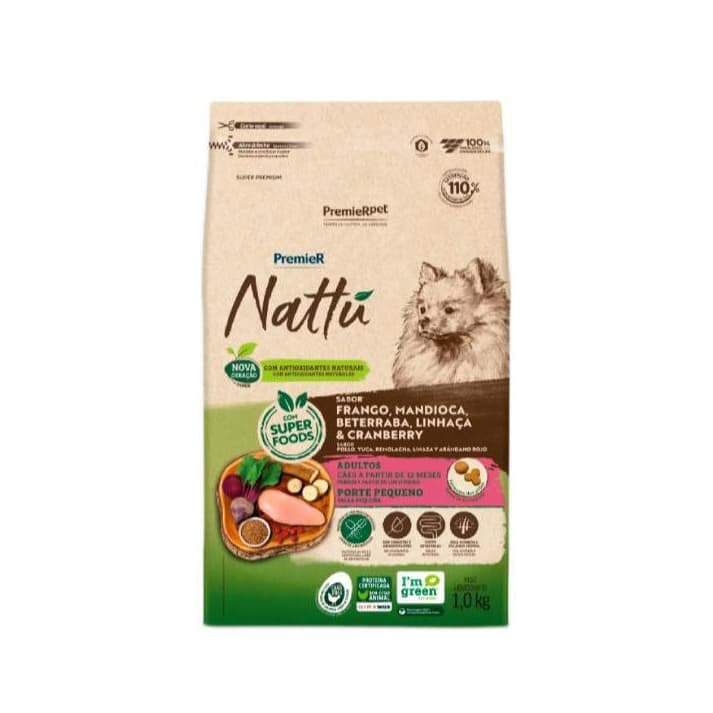 Ração Premier Nattu para Cachorro Adulto Porte Pequeno Frango Mandioca Beterraba Linhaça e Cranberry 1kg Cães