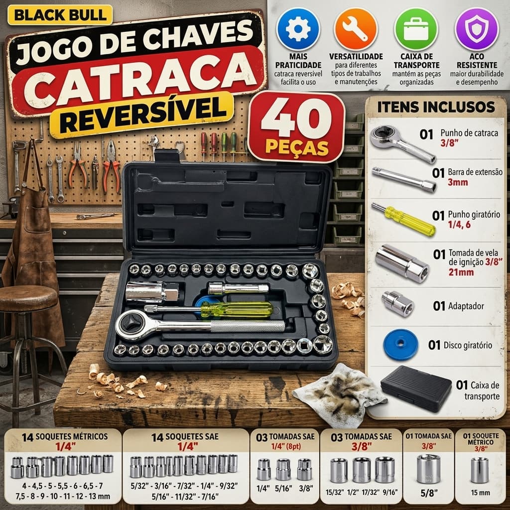 Jogo de Ferramentas 40 Peças com Maleta Jogo de Soquetes Chaves Catraca Reversível Completo Para Reparos Porcar e Parafu