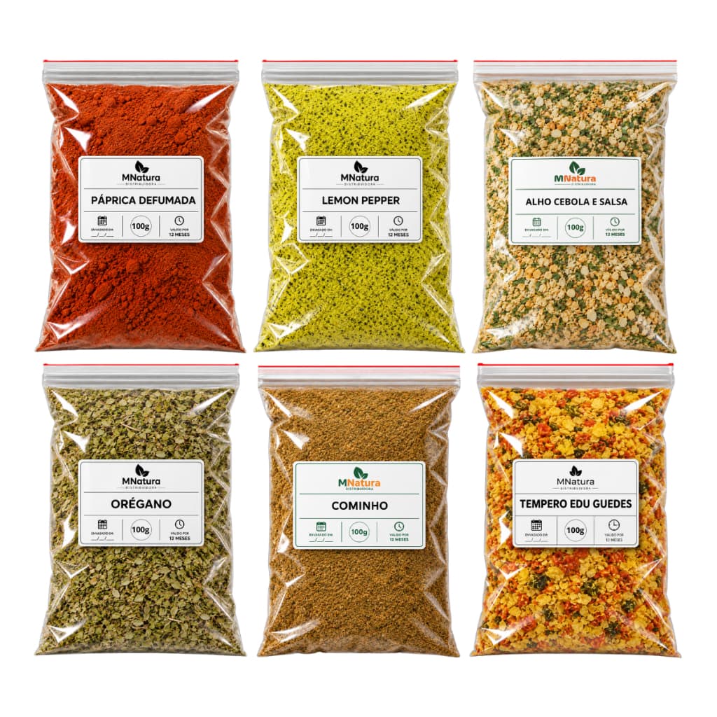 Kit 6 Temperos Naturais 100g MNatura | Páprica, Lemon Pepper, Alho, Orégano, Cominho e Edu Guedes