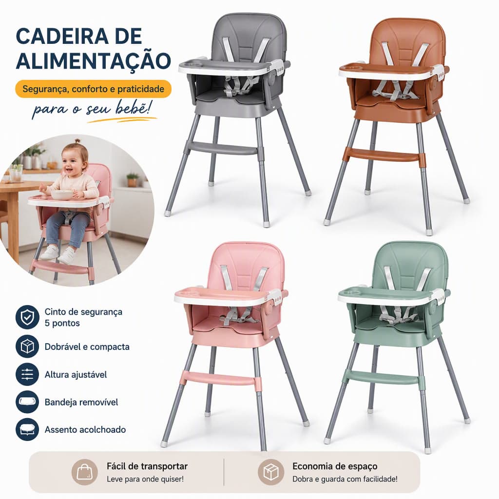 Cadeira de Alimentação Bebê Dobrável 5 Pontos Altura Ajustável Assento Acolchoado Bandeja Removível