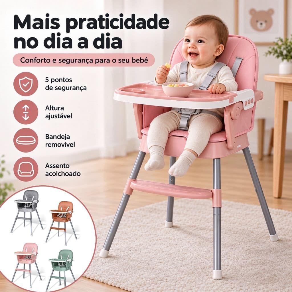 Cadeira de Alimentação Infantil Bebê Cadeirão com Bandeja Removível Cinto de Segurança Apoio Pés