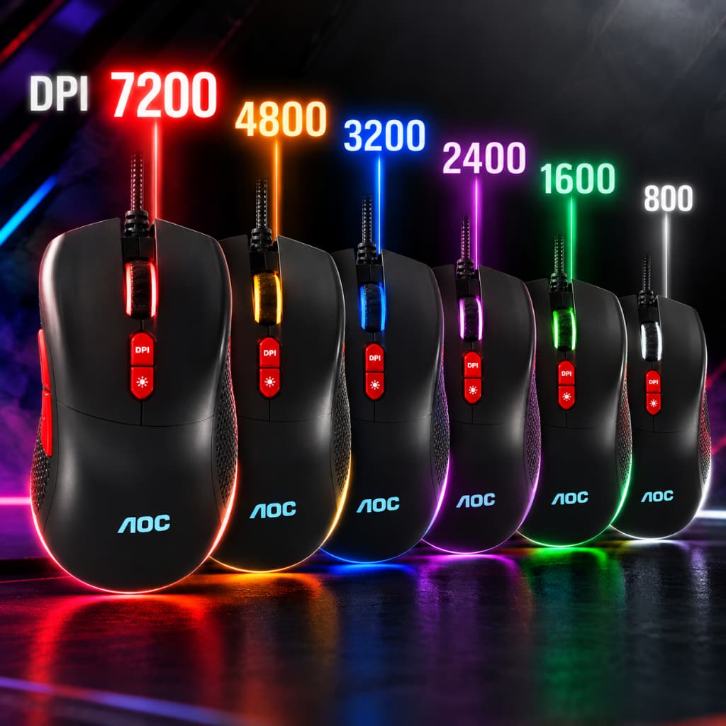 Mouse Gamer AOC RGB Rainbow 7200 DPI 7 Botões Programáveis USB Com Fio Óptico Ergonômico Alta Precisão Para PC Notebook