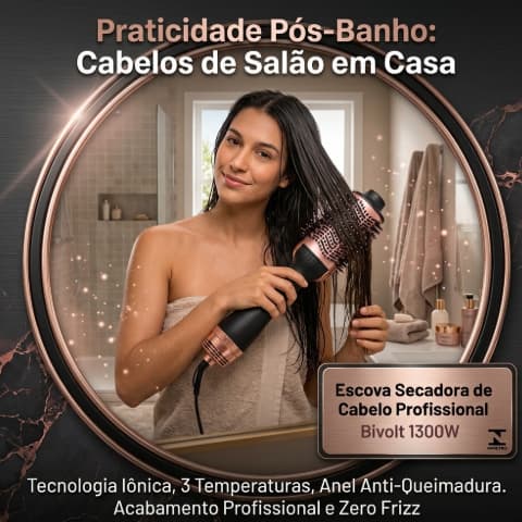 Escova Secadora Cabelo Profissiona🔥 Escova Secadora Profissional 1300W Bivolt 3 em 1 Alisa Secal Bivolt 1300W Preta Rosa