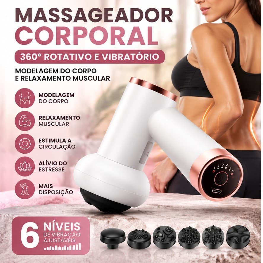 Massageador Muscular Elétrico Profissional Sem Fio – 6 Velocidades e 5 Cabeças Massageadoras