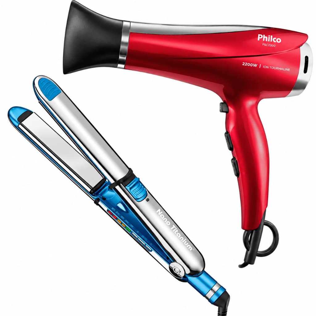 Kit Secador de Cabelo Profissional Philco 2200W + Chapinha Prancha Nano Titanium Azul Alisadora Cabelo Liso Salão Bivolt