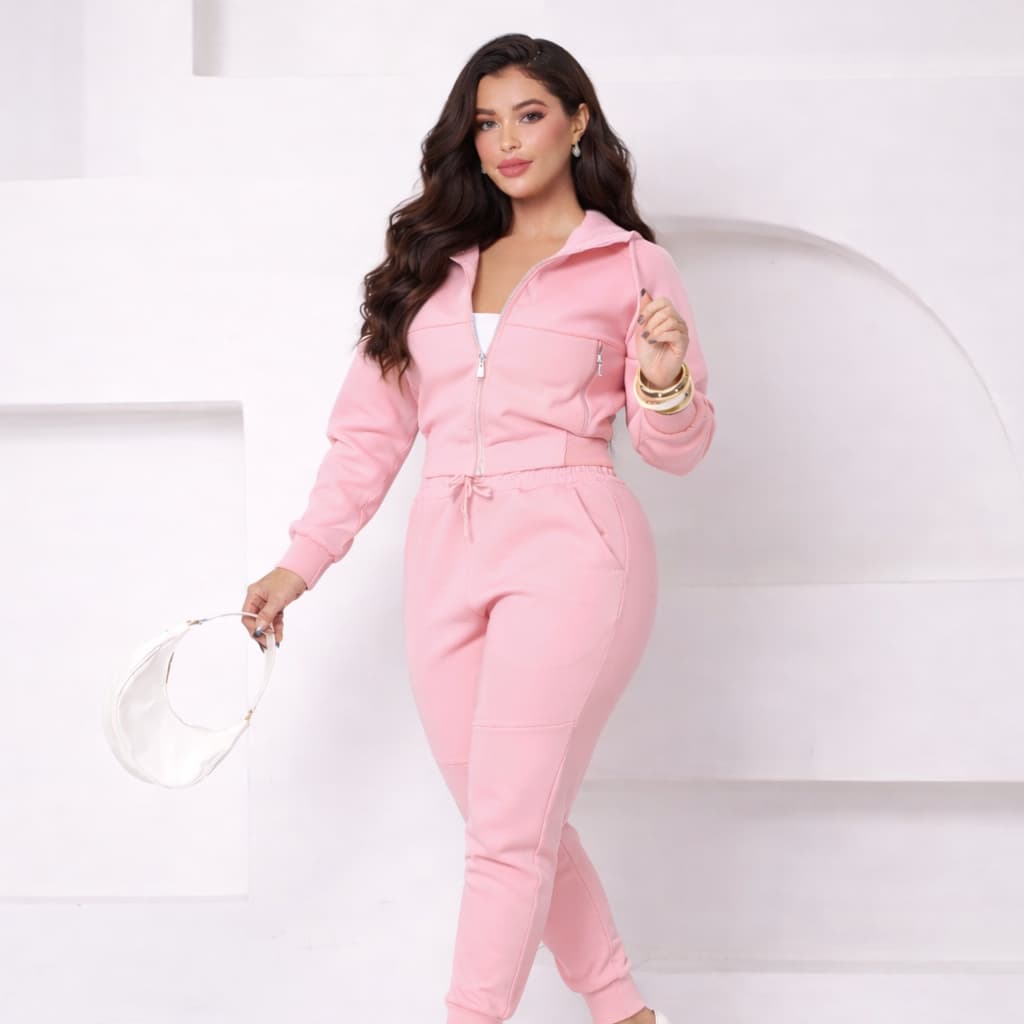 Conjunto Moletom Feminino Leve Blusa Calça Capuz Zíper Inverno Frio Quentinho