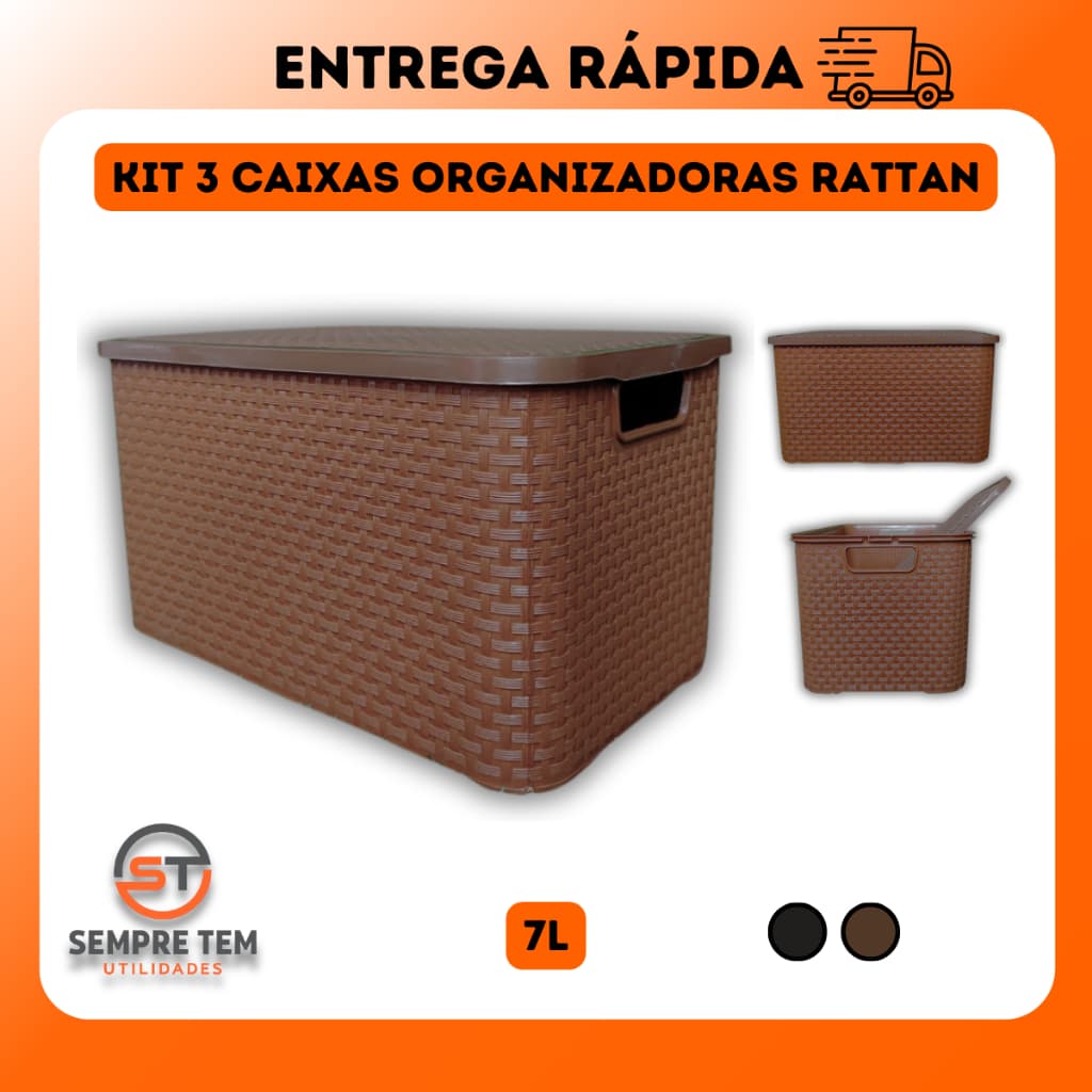 kit 3 X Caixa Organizadora Rattan 7 Litros Cesto Plastico Multiuso Organizador Casa Banheiro Quarto
