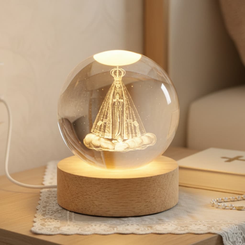 Luminária Religiosa Nossa Senhora Aparecida Cristal Bola 3D LED Abajur De Mesa Com Base Madeira Fé Decoração Católico