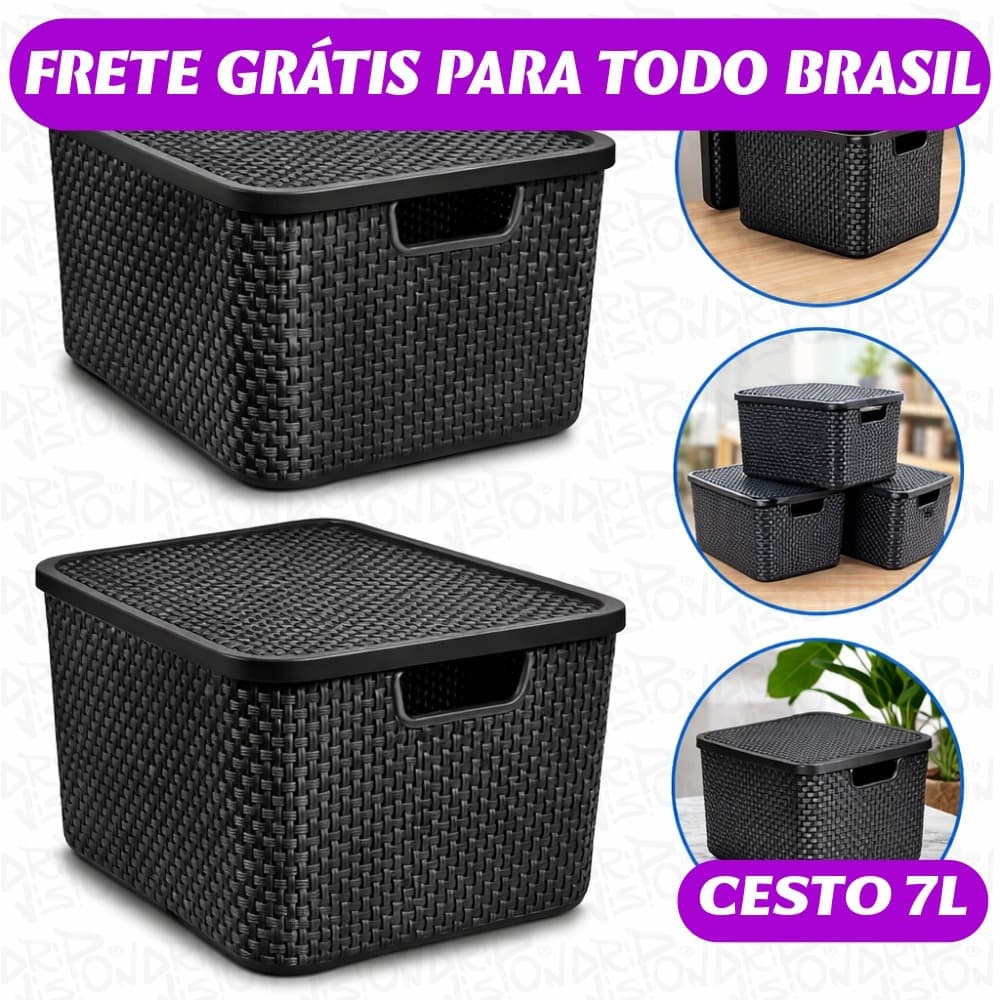 Organizador Rattan 7L Caixa Organizadora Plástica Com Tampa Multiuso Banheiro Cozinha