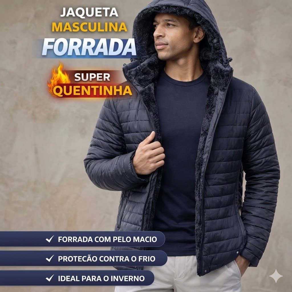 Jaqueta Masculina Peluciada Puffer Bobojaco Forrada Com Capuz Removível