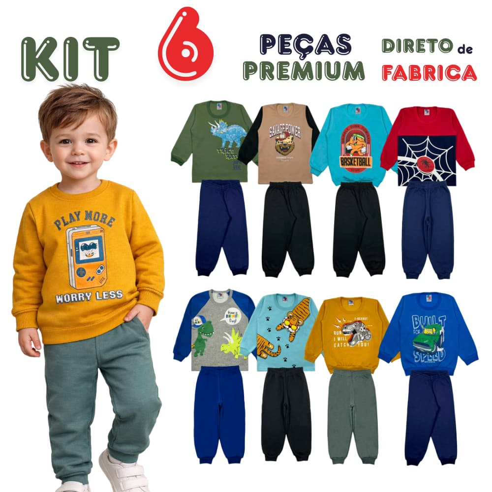 Kit 6 Peças Menino Inverno Moletom Felpado 3 Conjuntos Roupa Bebê Tam 1 2 3
