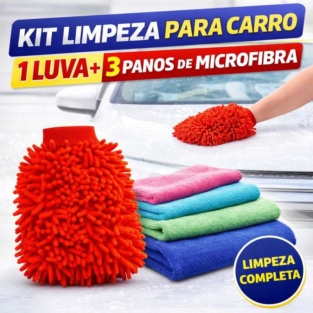 Kit Com Luva Limpeza Microfibra Carros Casa +  3 Panos Tamanho 35 x 55 X Cm Facil Limpeza Pratico Toalhas Magicas
