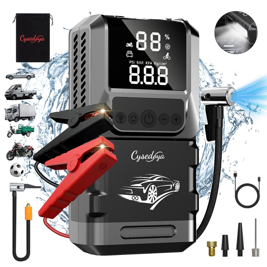 Auxiliar de Partida 12V Portátil com Power Bank 26800mAh, Compressor de Ar 150psi e Lanterna LED SOS