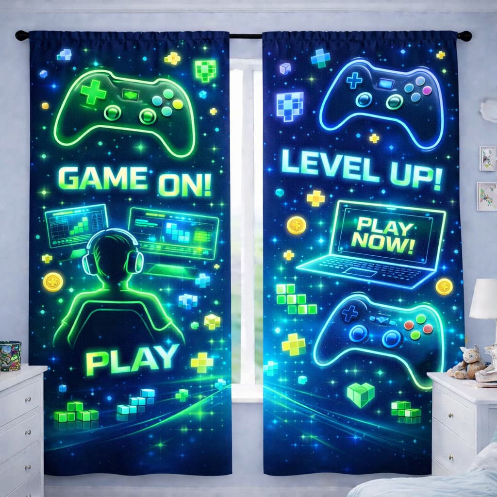 Cortina Infantil Decorativa Tecido Sublimado Menino Gamer Videogame Controle Game Play Quarto Juvenil