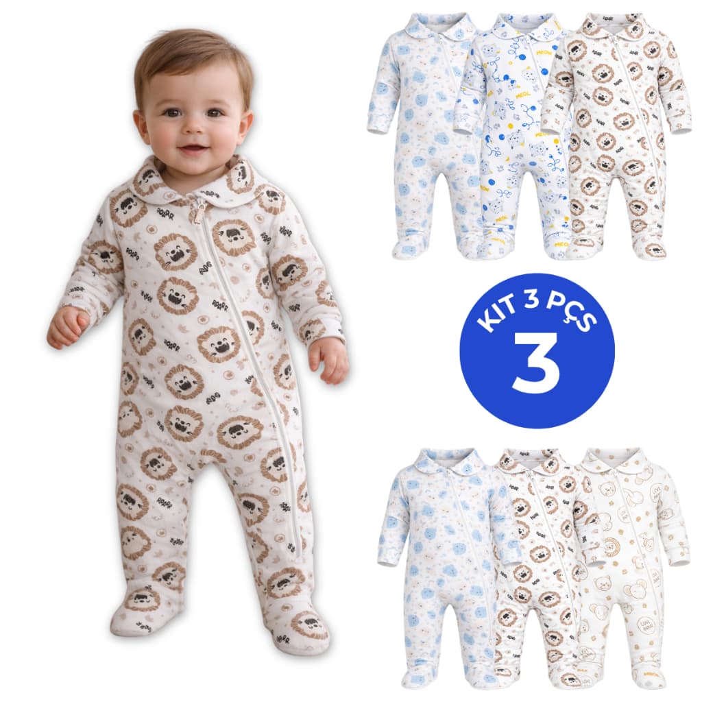 Kit 3 Macacão Longo Bebê Ribana Menino Estampada Algodão Zíper Menino Enxoval Maternidade