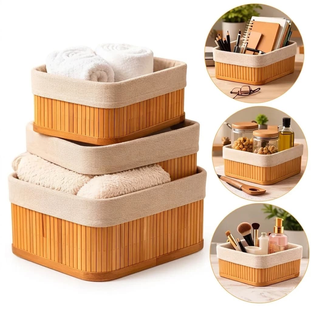 Kit 3 Cestos Organizadores De Bambu Multiuso Com Forro Cestos Bambu Banheiro Armazenar Objetos