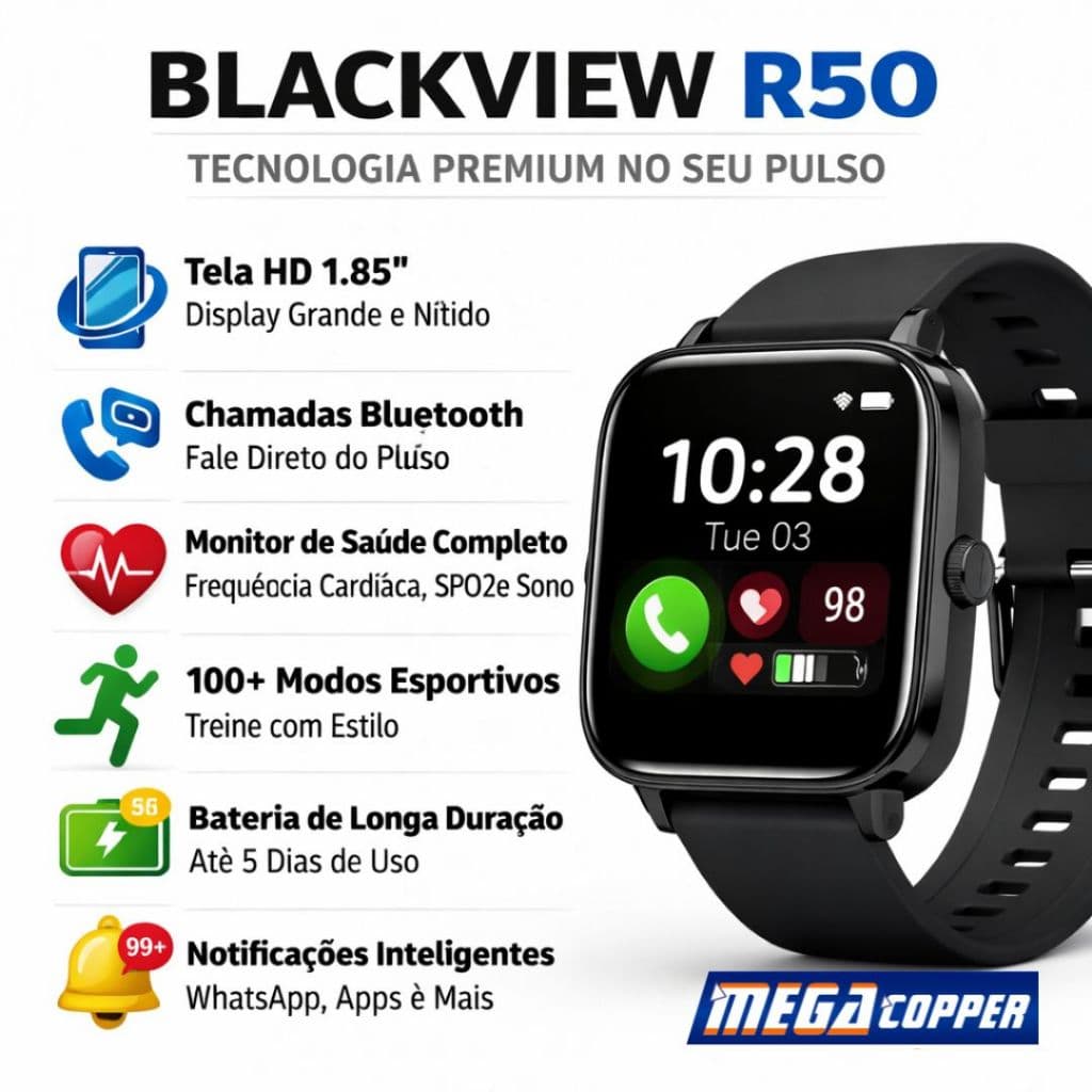 Relogio Smartwatch Blackview R50 Tecnologia Premium Completo Barato Moderno - Tela Grande