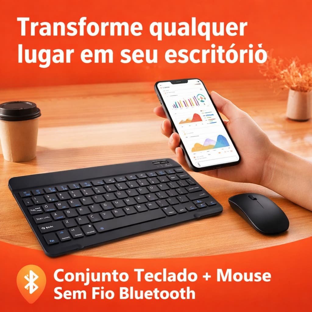 Teclado e Mouse Bluetooth Sem Fio Kit Slim Portátil para Notebook Tablet Android iOS Windows