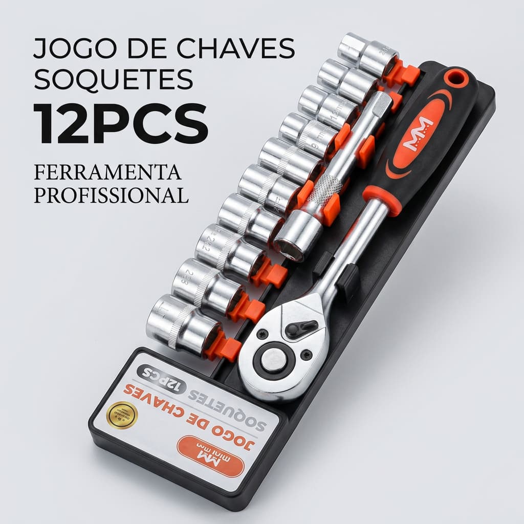 Kit Ferramentas 12 Peças - Chave de Ajuste Multifuncional, Jogo de Soquetes com Catraca Reversível