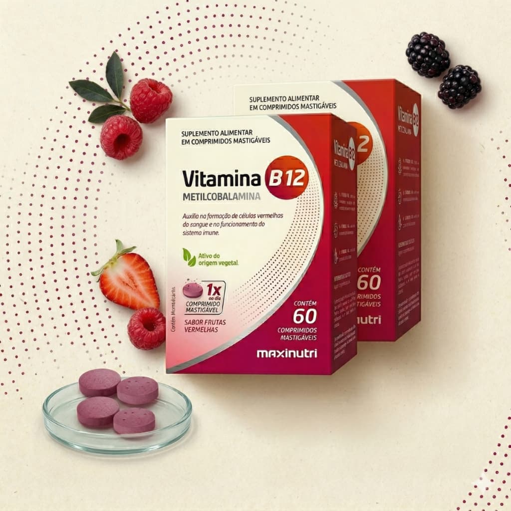 Kit 2x Vitamina B12 Metilcobalamina Mastigáveis 60 Comp Frutas Vermelhas Vitamina B12 Vegana