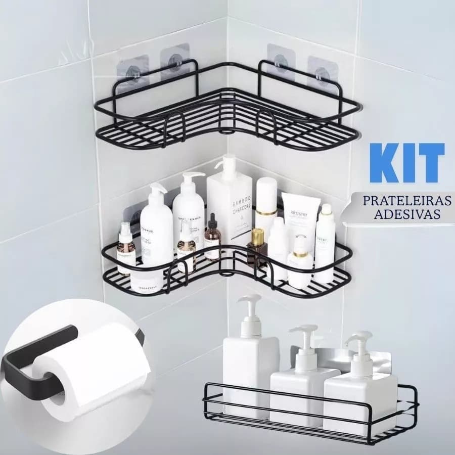 Kit 3 Prateleiras de Canto Parede e Suporte de Papel Higiênico Resistente