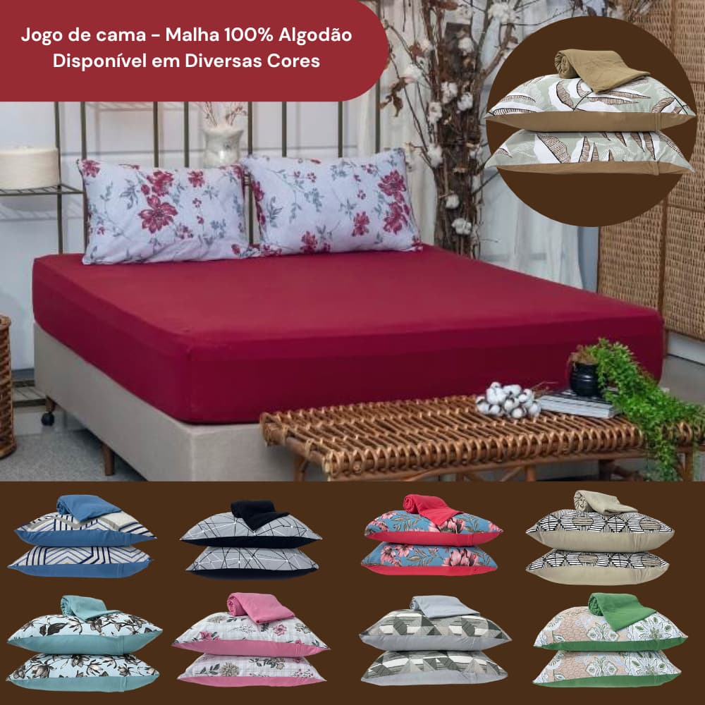 Jogo De Lençol Cama Casal 3 Peças Slim Malha 100% Algodão Com Elástico - Kit Lençol e Fronha