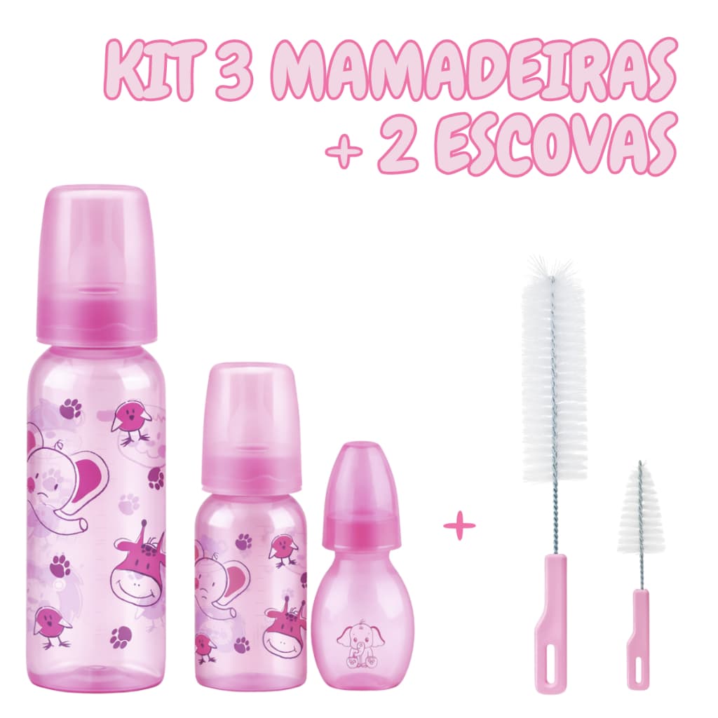 Kit 3 Mamadeiras + 2 Escovas para Lavagem