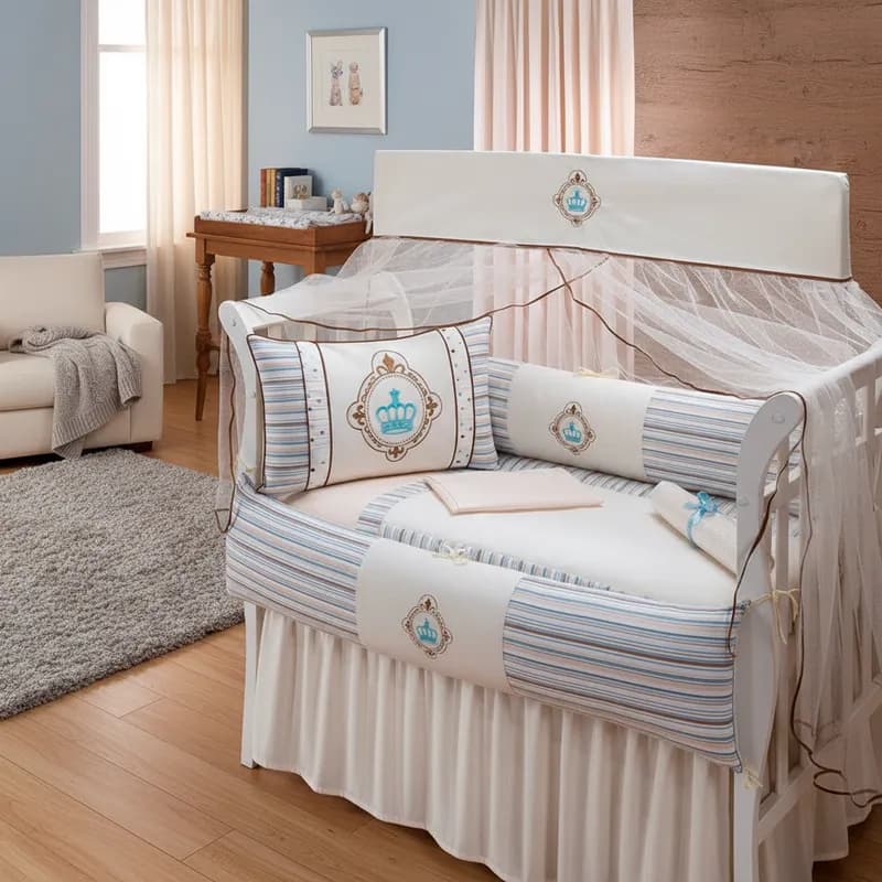 Kit Enxoval de Berço 100% Algodão 10 Peças Quarto Bebê Bordado Menino