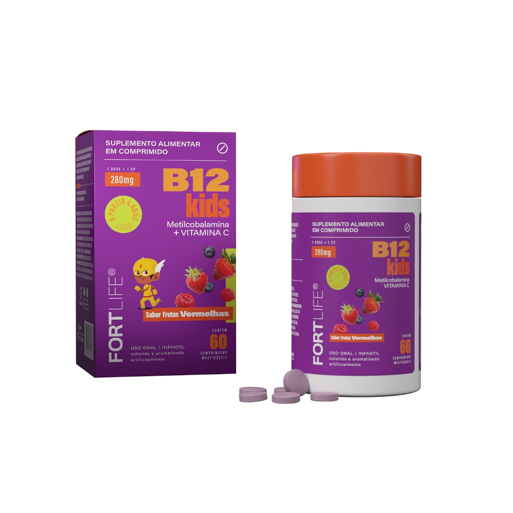 Vitamina B12 Kids Metilcobalamina + Vitamina C 280mg 60 Comprimidos Mastigáveis FORTLIFE (Infantil)